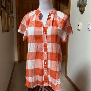 MAEVE ANTHROPOLOGIE Orange and White Flowy Buffalo Plaid Cap Sleeve Shirt - XS